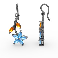 Camella Mekik Küpe - Akuamarin ve sitrin 925 ayar siyah rodyum kaplama gümüş küpe #ptsrou