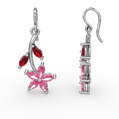 Pembe kuvars ve garnet 18 ayar beyaz altın küpe