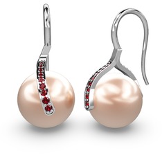 Milene İnci Küpe - Pembe inci ve garnet 14 ayar beyaz altın küpe #5301vl