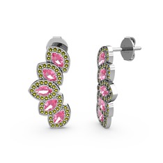 Peridot ve pembe kuvars 8 ayar beyaz altın küpe