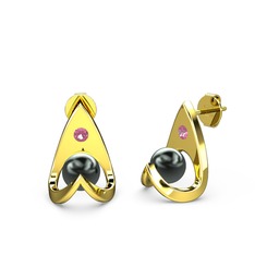 Victory İncili Küpe - Siyah inci ve pembe kuvars 18 ayar altın küpe #16q2oel