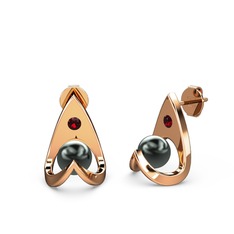 Siyah inci ve garnet 18 ayar rose altın küpe