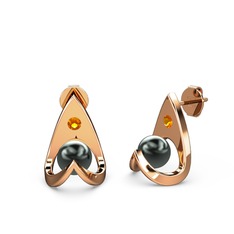 Victory İncili Küpe - Siyah inci ve sitrin 8 ayar rose altın küpe #t9234d