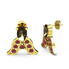 Dumanlı kuvars ve kök yakut 14 ayar altın küpe