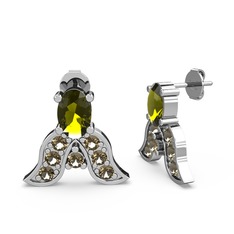 Peridot ve dumanlı kuvars 14 ayar beyaz altın küpe