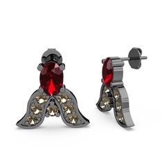 Garnet ve dumanlı kuvars 925 ayar siyah rodyum kaplama gümüş küpe