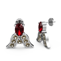 Garnet ve dumanlı kuvars 18 ayar beyaz altın küpe