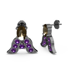 Mimallona Kelebek Küpe - Dumanlı kuvars ve ametist 925 ayar siyah rodyum kaplama gümüş küpe #qp38c