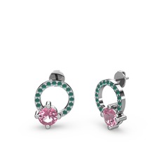 Pembe kuvars ve kök zümrüt 14 ayar beyaz altın küpe