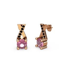 Pembe kuvars ve siyah zirkon 14 ayar rose altın küpe