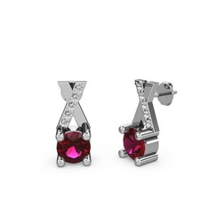 Rodolit garnet ve beyaz zirkon 14 ayar beyaz altın küpe
