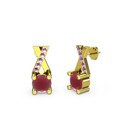 Taşlı Daire X Küpe - Kök yakut ve ametist 14 ayar altın küpe #15hoptb