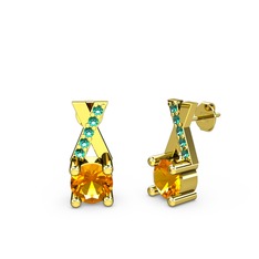 Taşlı Daire X Küpe - Sitrin ve yeşil kuvars 8 ayar altın küpe #19pntlt