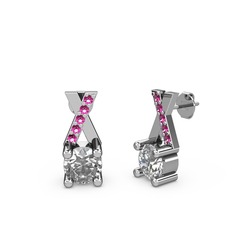 Taşlı Daire X Küpe - Beyaz zirkon ve rodolit garnet 14 ayar beyaz altın küpe #1a1cjy