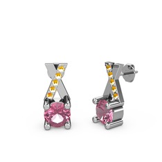 Taşlı Daire X Küpe - Pembe kuvars ve sitrin 8 ayar beyaz altın küpe #1igg2r7