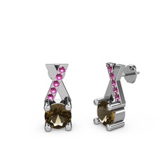 Dumanlı kuvars ve rodolit garnet 18 ayar beyaz altın küpe