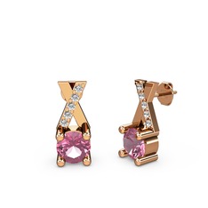 Taşlı Daire X Küpe - Pembe kuvars ve swarovski 8 ayar rose altın küpe #1sbcn3s