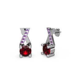 Garnet ve ametist 18 ayar beyaz altın küpe
