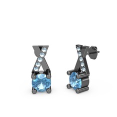 Taşlı Daire X Küpe - Akuamarin 925 ayar siyah rodyum kaplama gümüş küpe #522udu