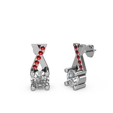 Taşlı Daire X Küpe - Beyaz zirkon ve garnet 8 ayar beyaz altın küpe #6ay80t