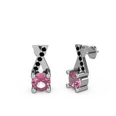 Taşlı Daire X Küpe - Pembe kuvars ve siyah zirkon 14 ayar beyaz altın küpe #86d79a