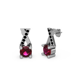 Rodolit garnet ve siyah zirkon 14 ayar beyaz altın küpe