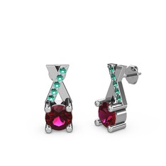 Taşlı Daire X Küpe - Rodolit garnet ve yeşil kuvars 14 ayar beyaz altın küpe #g5dkes