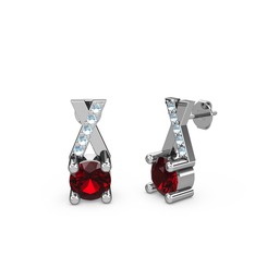 Garnet ve akuamarin 8 ayar beyaz altın küpe