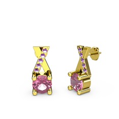 Taşlı Daire X Küpe - Pembe kuvars ve ametist 14 ayar altın küpe #jstijt