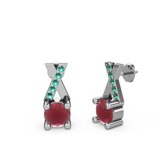Taşlı Daire X Küpe - Kök yakut ve yeşil kuvars 14 ayar beyaz altın küpe #pdjykx