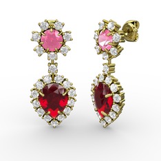 Seranta Damla Küpe - Garnet, pırlanta ve pembe kuvars 14 ayar altın küpe (0.792 karat) #1028xfx