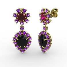 Seranta Damla Küpe - Siyah zirkon, ametist ve rodolit garnet 8 ayar altın küpe #104cwdt
