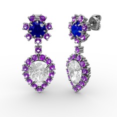 Swarovski, ametist ve lab safir 14 ayar beyaz altın küpe