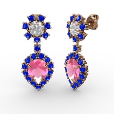 Pembe kuvars, lab safir ve swarovski 18 ayar rose altın küpe