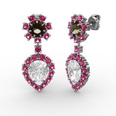 Seranta Damla Küpe - Beyaz zirkon, rodolit garnet ve dumanlı kuvars 18 ayar beyaz altın küpe #10r9le1