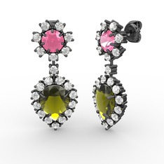 Peridot, swarovski ve pembe kuvars 925 ayar siyah rodyum kaplama gümüş küpe