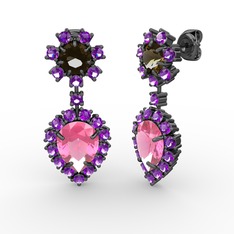 Seranta Damla Küpe - Pembe kuvars, ametist ve dumanlı kuvars 925 ayar siyah rodyum kaplama gümüş küpe #11ptjs2