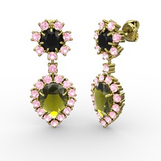 Peridot, pembe kuvars ve siyah zirkon 14 ayar altın küpe