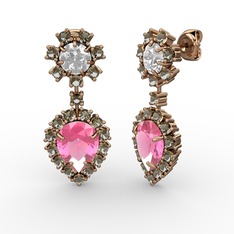 Pembe kuvars, dumanlı kuvars ve swarovski 8 ayar rose altın küpe