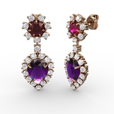 Ametist, pırlanta ve rodolit garnet 14 ayar rose altın küpe (0.792 karat)