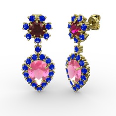Seranta Damla Küpe - Pembe kuvars, lab safir ve rodolit garnet 18 ayar altın küpe #1326r1y
