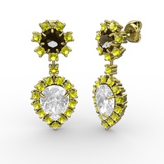 Swarovski, peridot ve dumanlı kuvars 8 ayar altın küpe