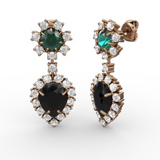 Siyah zirkon, pırlanta ve yeşil kuvars 8 ayar rose altın küpe (0.792 karat)