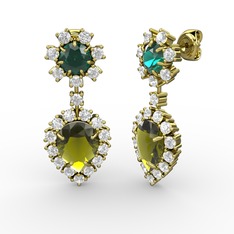 Peridot, beyaz zirkon ve yeşil kuvars 18 ayar altın küpe