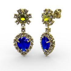 Lab safir, dumanlı kuvars ve peridot 14 ayar altın küpe