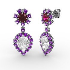 Beyaz zirkon, ametist ve rodolit garnet 14 ayar beyaz altın küpe