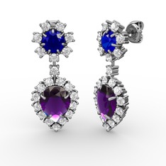 Seranta Damla Küpe - Ametist, beyaz zirkon ve lab safir 14 ayar beyaz altın küpe #16ljln5