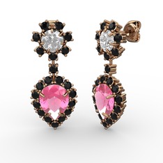 Pembe kuvars, siyah zirkon ve swarovski 14 ayar rose altın küpe