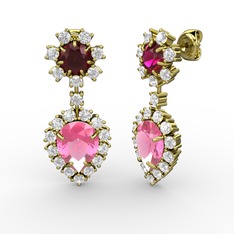 Pembe kuvars, beyaz zirkon ve rodolit garnet 14 ayar altın küpe