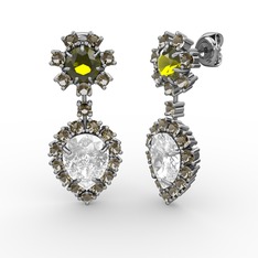 Seranta Damla Küpe - Beyaz zirkon, dumanlı kuvars ve peridot 14 ayar beyaz altın küpe #18y4orp